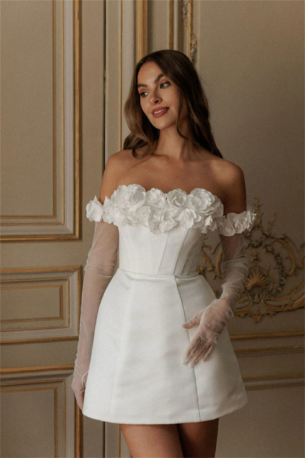 Romantic Floral Off Shoulder Mini Bridal Dress Short 3D Flowers Corset Wedding Dress Ms2504234