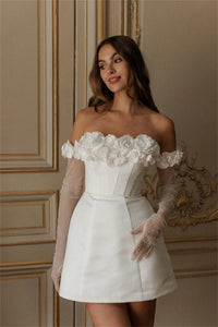 Romantic Floral Off Shoulder Mini Bridal Dress Short 3D Flowers Corset Wedding Dress Ms2504234
