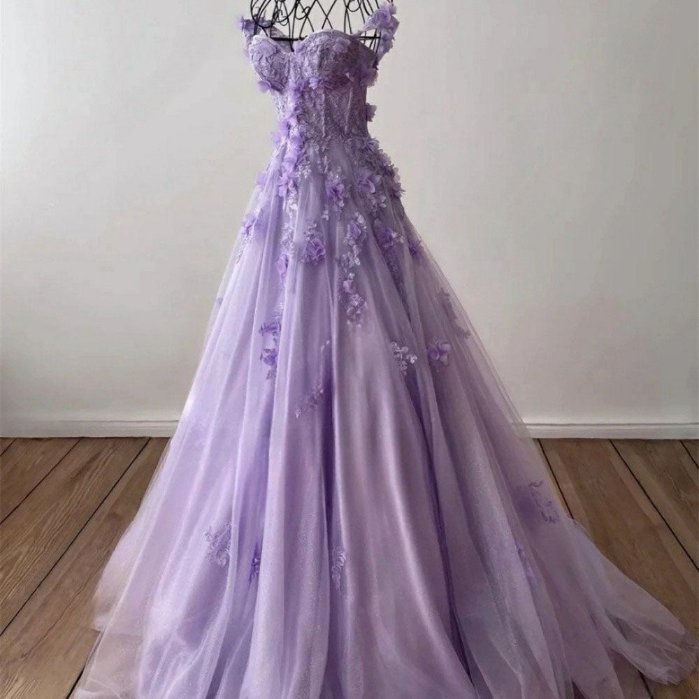 Vestido de Festa de Tule com Brilhos Sem Alças, Aplicações Florais 3D, Corpete, Vestido de Baile Ms2504232