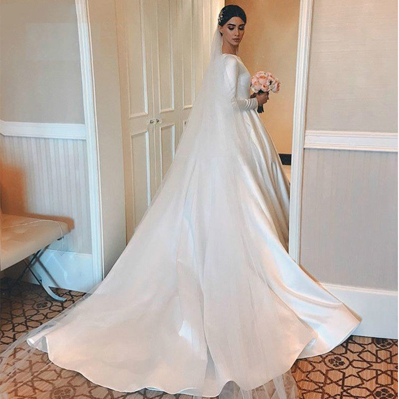 Vintage Satin Wedding Dress Modest Long Sleeves Muslim Princess A Line Brides Bridal Gown