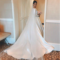 Vintage Satin Wedding Dress Modest Long Sleeves Muslim Princess A Line Brides Bridal Gown