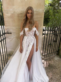 Off The Shoulder Wedding Dresses for Bride Tulle Bridal Gowns Sexy Split Long Boho Wedding Dress