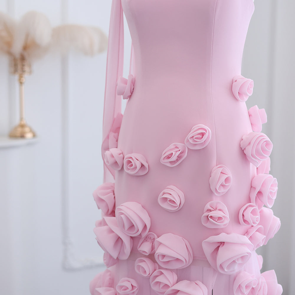 Elegante Abito da Sera con Fiori 3D Rosa 2025 Abito da Sposa Formale Lungo con Spacco Laterale Abito da Festa per Ragazza