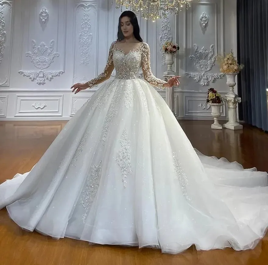 2025 Wedding Dress Illusion Neck Long Sleeves Lace Appliques Beads Bride Gowns Luxury Women Wedding Gown
