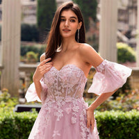 Vestido de Noite Elegante em Tule Ombros Descobertos Vestido de Festa Aplicações de Renda Floral Vestido de Baile Ms2503271