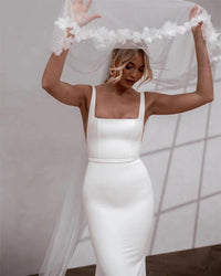 Vestidos de Noiva Elegantes Sereia para Mulheres com Alças de Espaguete, Costas Abertas, Gola Quadrada, Vestidos Nupciais Simples com Cauda Varredoura