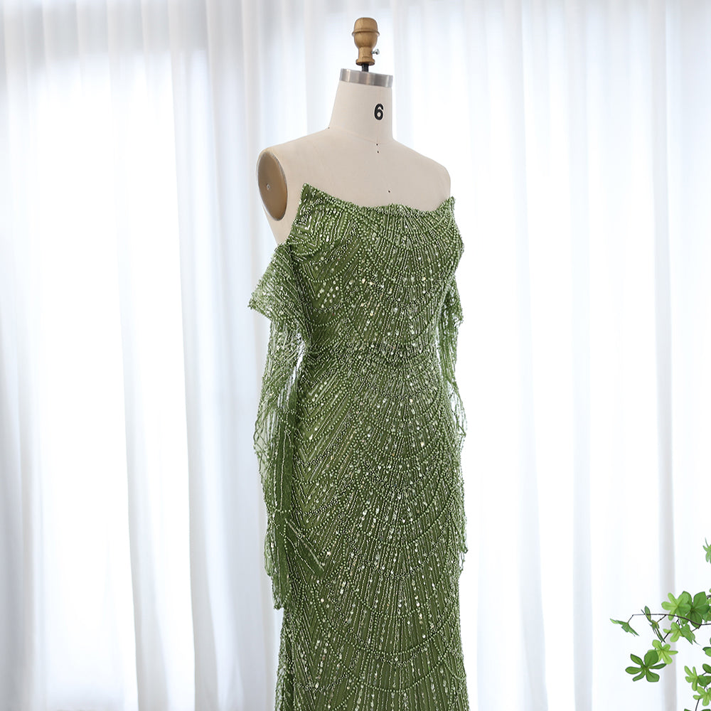 Vestidos de Noite de Sereia de Luxo com Luvas, Bordados e Lantejoulas, Vestido de Baile para Mulheres, Vestidos de Festa