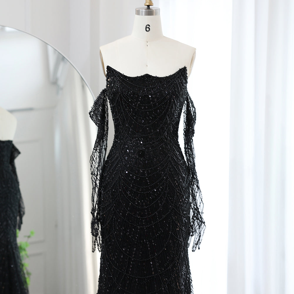 Vestidos de Noite de Sereia de Luxo com Luvas, Bordados e Lantejoulas, Vestido de Baile para Mulheres, Vestidos de Festa