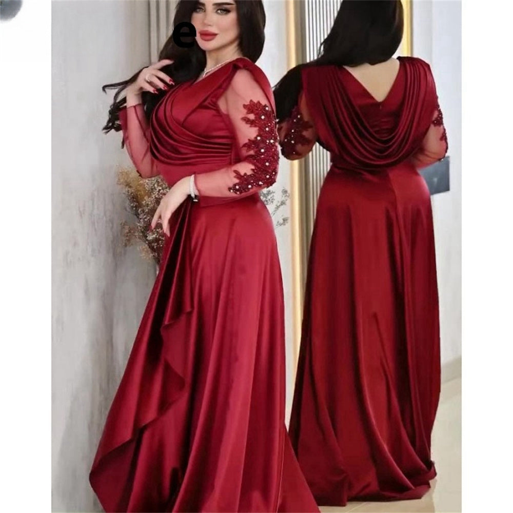 Robe de soirée à col en V avec appliques et perles, manches longues, robe de soirée formelle