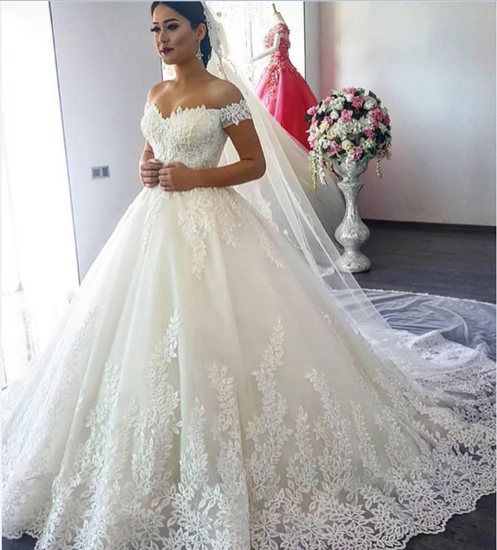 Vestido de Noiva Plus Size Ombros Descobertos 2025 Vestido de Noiva Linha A Aplicações de Renda em Tule Vestido Nupcial