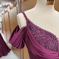 Elegant Purple Evening Gown with Beaded Bodice Off-Shoulder Draped Sleeves Formal Prom Dress