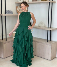 Robe de soirée élégante à volants verts pour femme, robe de soirée à col rond, robe de soirée formelle
