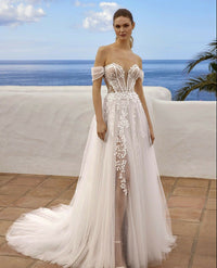 Vestido de Noiva com Corpete, Saia em A, Tule Brilhante, Vestido Nupcial Ombro a Ombro, Fenda Alta, Vestido de Noiva Ms032601