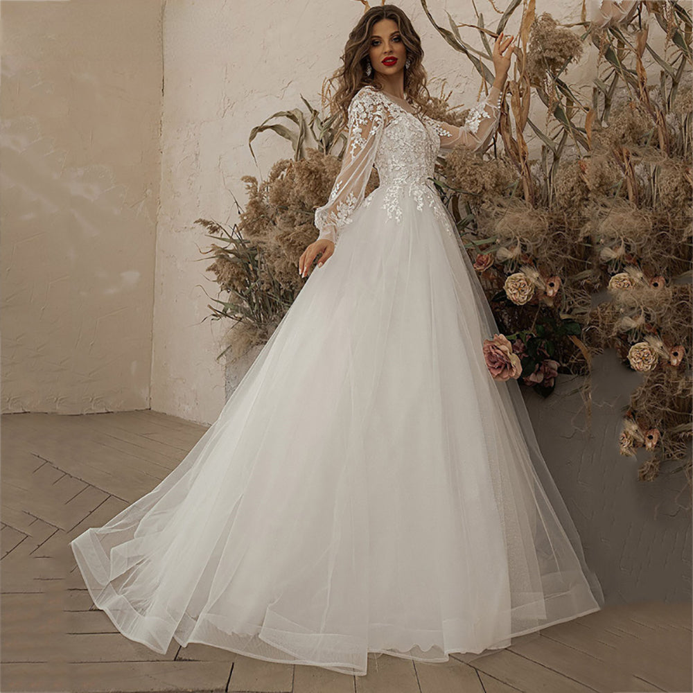 Abiti da sposa manica lunga applicazioni pizzo fiori 3D abito da sposa boho Ms2503243