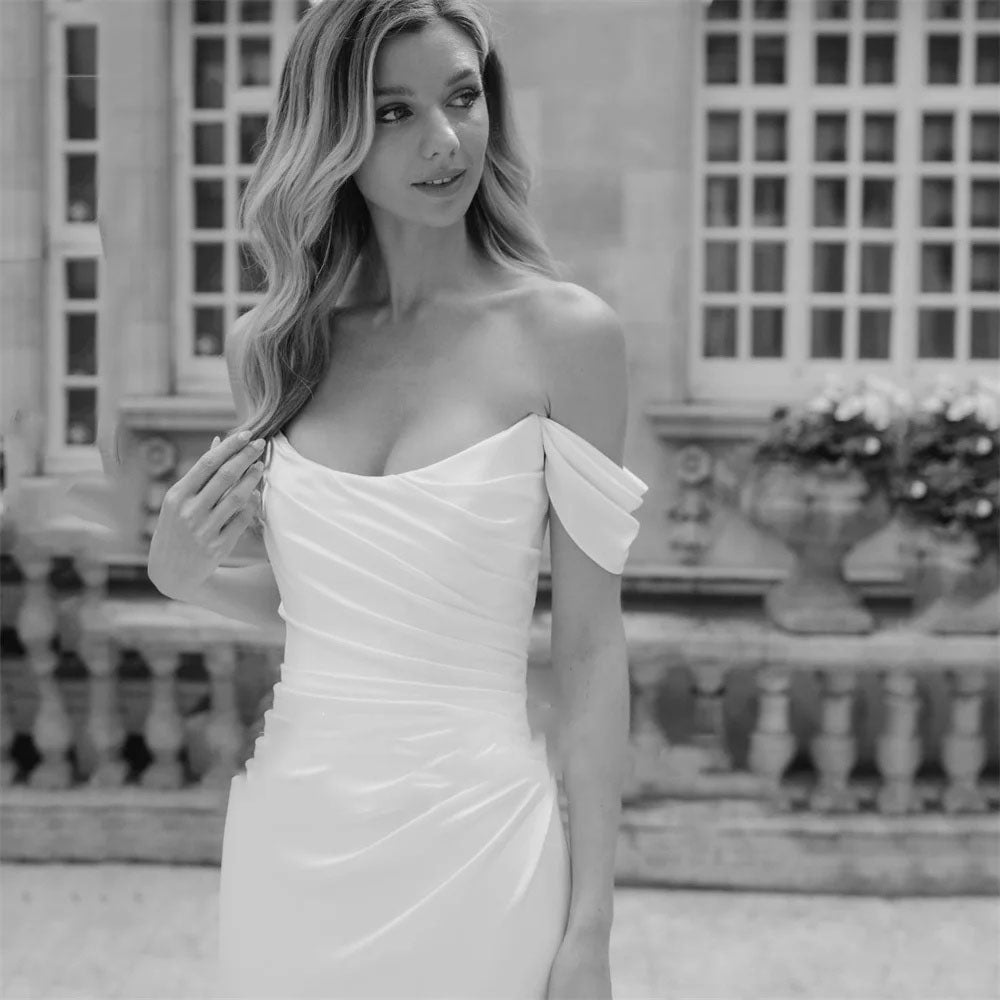 Elegant Mermaid Wedding Dresses Off The Shoulder Scoop Collar Open Back Crepe Bridal Gown
