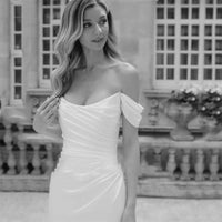 Elegant Mermaid Wedding Dresses Off The Shoulder Scoop Collar Open Back Crepe Bridal Gown
