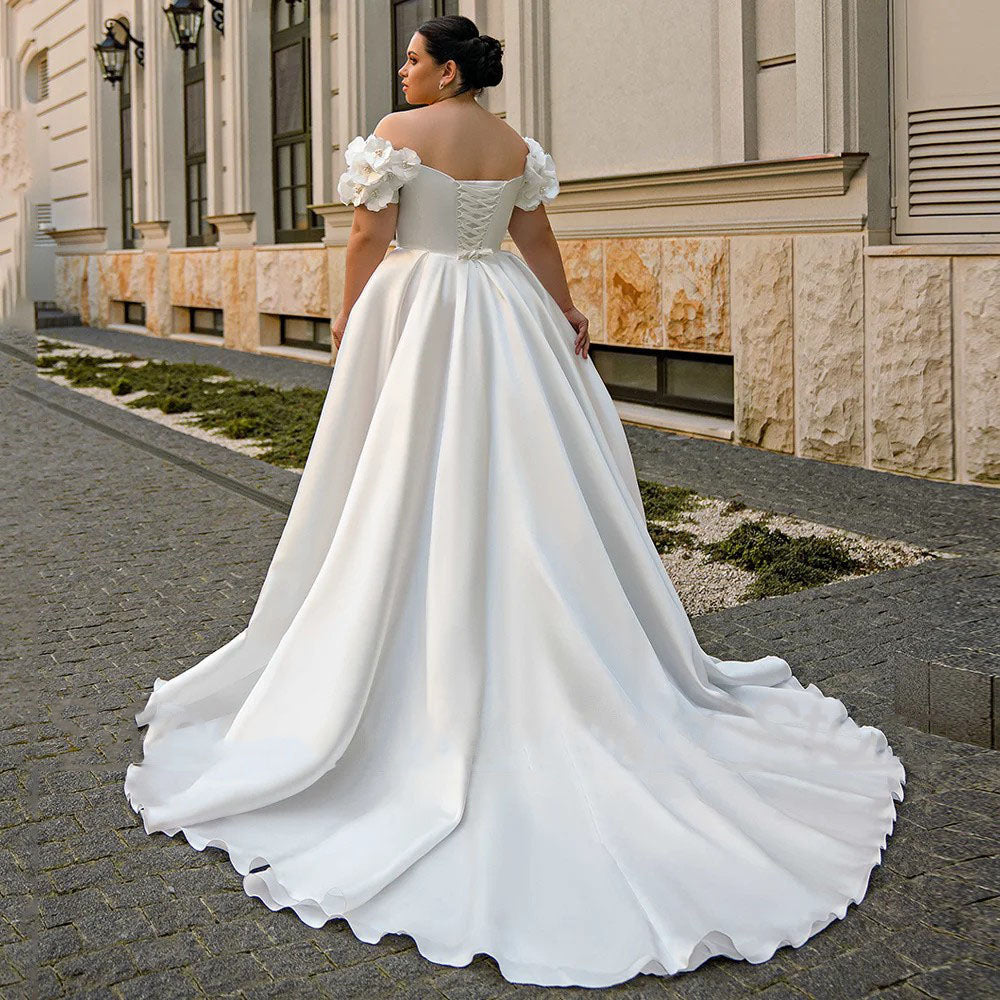 Satin Plus Size Wedding Dress Off Shoulder Pearls Flower Slit Bridal Gown Ms2503151