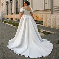 Satin Plus Size Wedding Dress Off Shoulder Pearls Flower Slit Bridal Gown Ms2503151