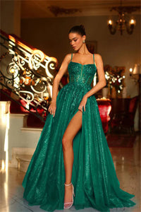 Abito da sera formale glitter con spalline sottili a linea ad A e spacco Ms2504014