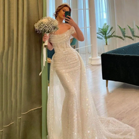 Abito da sposa con paillettes scintillanti, scollo a barca, abito da sposa sirena con strascico staccabile