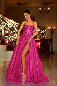 Abito da sera formale glitter con spalline sottili a linea ad A e spacco Ms2504014