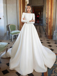 Abiti da sposa semplici a linea A da donna, collo a scollo rotondo, schiena scoperta, abito da sposa a maniche lunghe in raso