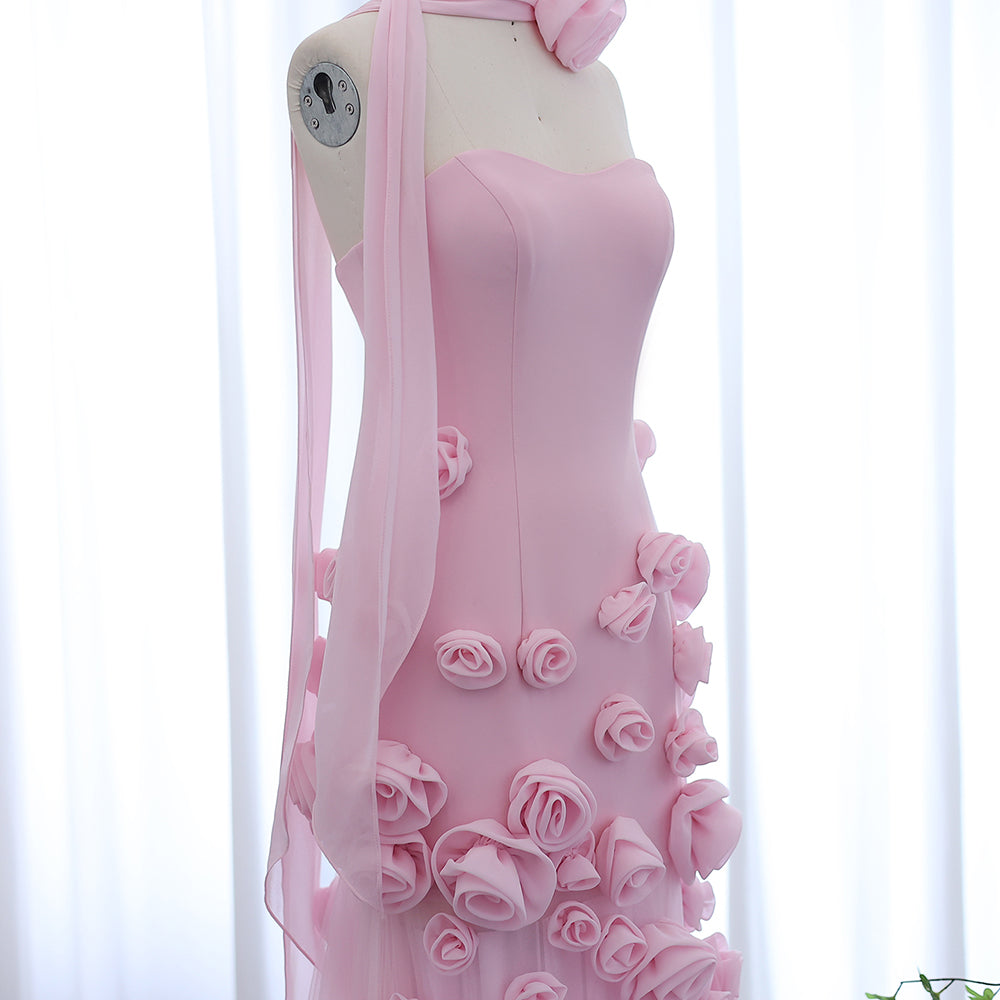 Elegante Abito da Sera con Fiori 3D Rosa 2025 Abito da Sposa Formale Lungo con Spacco Laterale Abito da Festa per Ragazza
