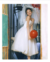 Dolci Abiti da Sposa Semplici e Corti alla Moda con Spalline a Spaghetti Abito da Sposa in Tulle Su Misura Abito da Sposa
