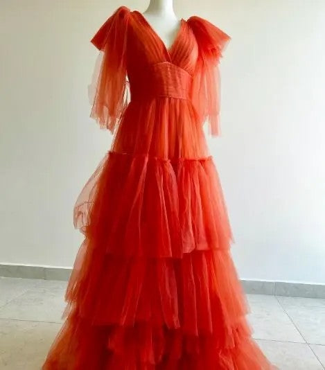 Vestido de Festa de Tule em Camadas Laranja com Mangas Bufantes para Gala ou Eventos Formais