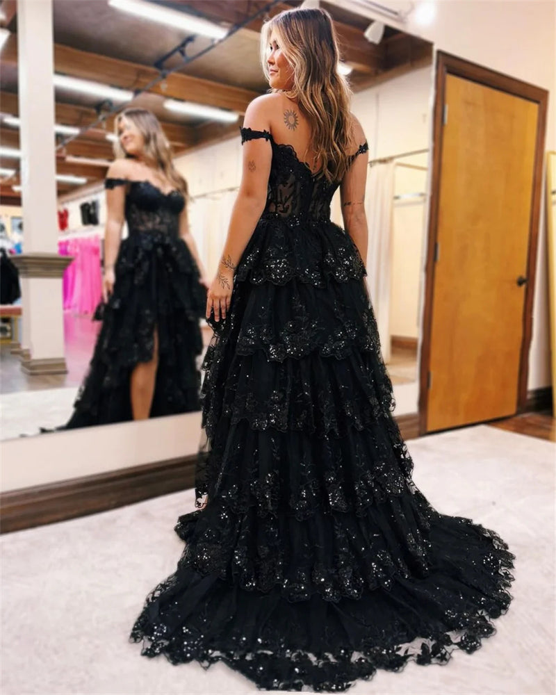 Black Glitter Prom Dresses Luxury Lace Embroidery Evening Dress Women