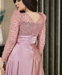 Abito da sera di lusso con scollo a V, rosa polvere, paillettes, maniche lunghe, abito da festa per ballo e matrimonio