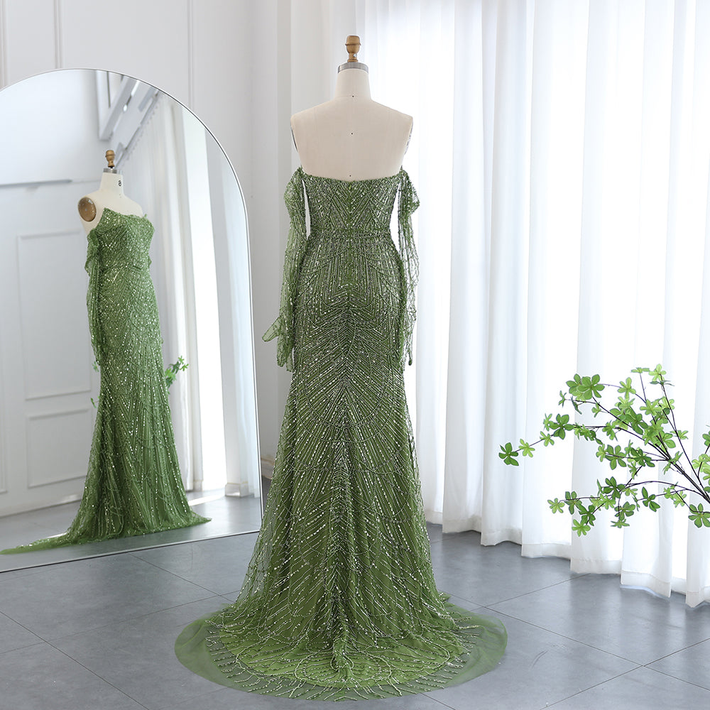 Vestidos de Noite de Sereia de Luxo com Luvas, Bordados e Lantejoulas, Vestido de Baile para Mulheres, Vestidos de Festa