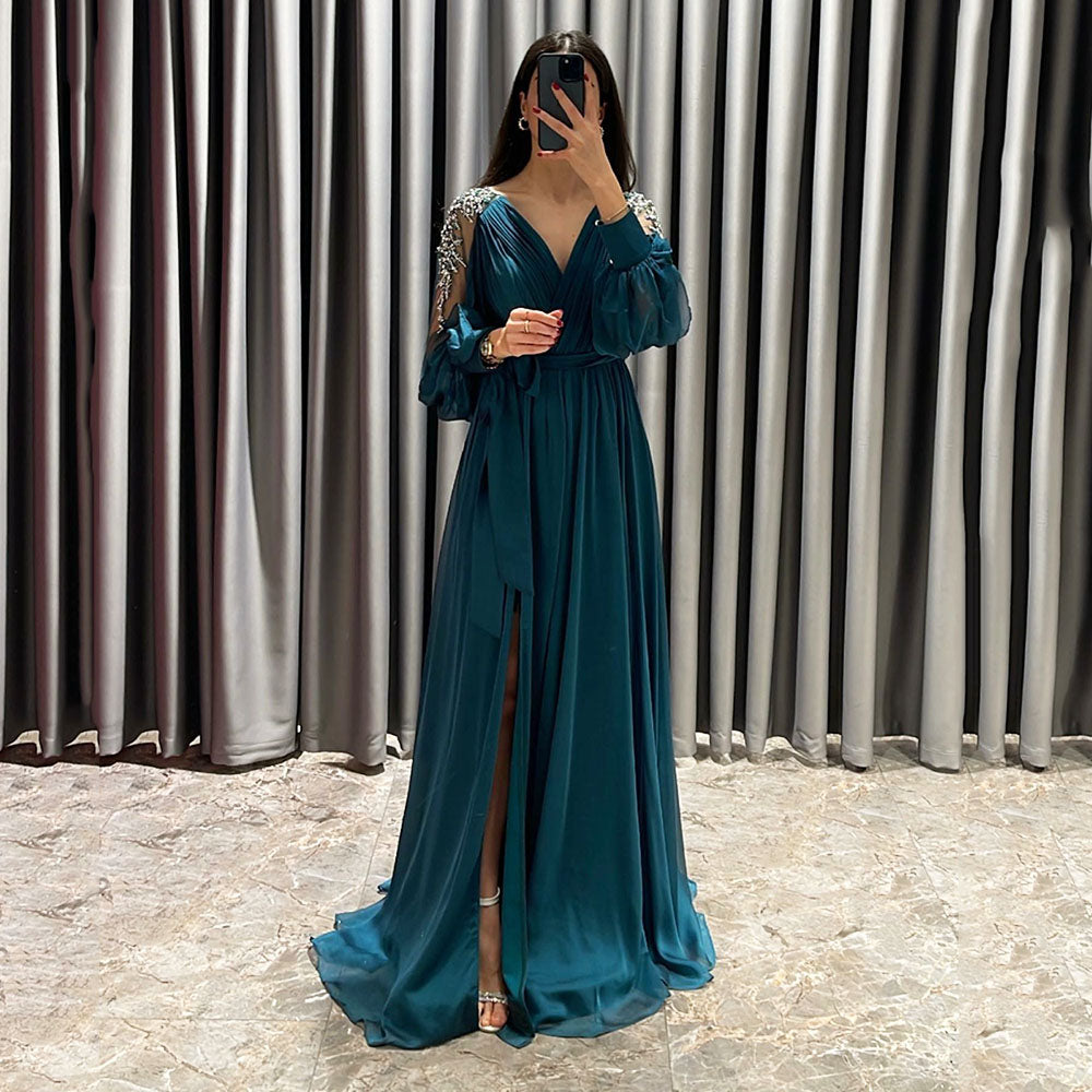 Abito da sera prom con scollo a V in chiffon, perline, paillettes, maniche lunghe, abito da festa con spacco Ms2503153