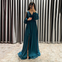 Abito da sera prom con scollo a V in chiffon, perline, paillettes, maniche lunghe, abito da festa con spacco Ms2503153