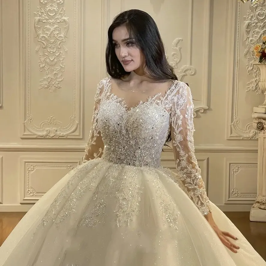 2025 Wedding Dress Illusion Neck Long Sleeves Lace Appliques Beads Bride Gowns Luxury Women Wedding Gown