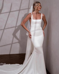 Vestidos de Noiva Elegantes Sereia para Mulheres com Alças de Espaguete, Costas Abertas, Gola Quadrada, Vestidos Nupciais Simples com Cauda Varredoura