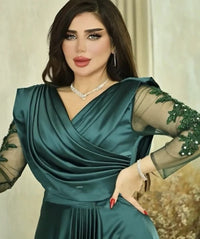 Robe de soirée à col en V avec appliques et perles, manches longues, robe de soirée formelle