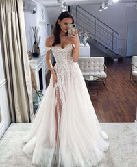 Boho Wedding Dresses Crystal Beading Off the Shoulder Lace Appliques A-Line Wedding Gown Sweetheart Bridal Gown