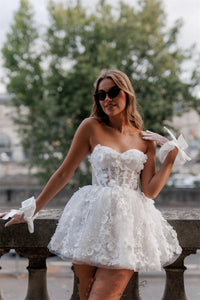 Vestido de Noiva Mini Floral 3D Corset Sem Alças Curto Vestido Nupcial Traje para Receção de Casamento Ms2504193
