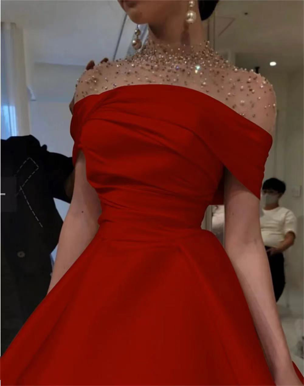 Abito da cerimonia da donna a linea ad A con collo alto, perline, abito da sera in raso di lusso, elegante abito da ballo