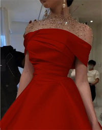 Abito da cerimonia da donna a linea ad A con collo alto, perline, abito da sera in raso di lusso, elegante abito da ballo