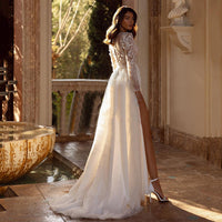 Elegant A-Line Wedding Dresses Long Sleeve Appliques High Split Wedding Gowns Boho Beach Bridal Dress