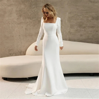 Civil Square Neck Long Sleeve Wedding Dress Simple Mermaid Bridal Gown with Button Ms2503191