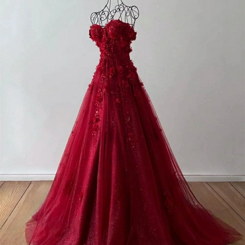 Vestido de Festa de Tule com Brilhos Sem Alças, Aplicações Florais 3D, Corpete, Vestido de Baile Ms2504232