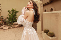 Detachable Long Puff Sleeves Wedding Dress V-neck Lace Flore Boho Bridal Dress Ms2503182