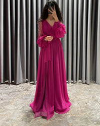 Abito da sera prom con scollo a V in chiffon, perline, paillettes, maniche lunghe, abito da festa con spacco Ms2503153