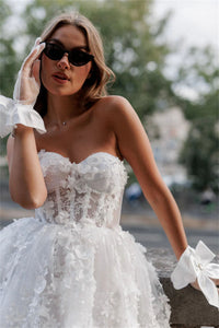 Vestido de Noiva Mini Floral 3D Corset Sem Alças Curto Vestido Nupcial Traje para Receção de Casamento Ms2504193