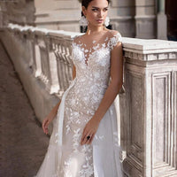 Hochzeitskleid Kurze Ärmel Spitzenapplikationen Meerjungfrau Brautkleid Mit Abnehmbarer Schleppe Überrock Spitze Brautkleider