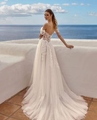 Vestido de Noiva com Corpete, Saia em A, Tule Brilhante, Vestido Nupcial Ombro a Ombro, Fenda Alta, Vestido de Noiva Ms032601