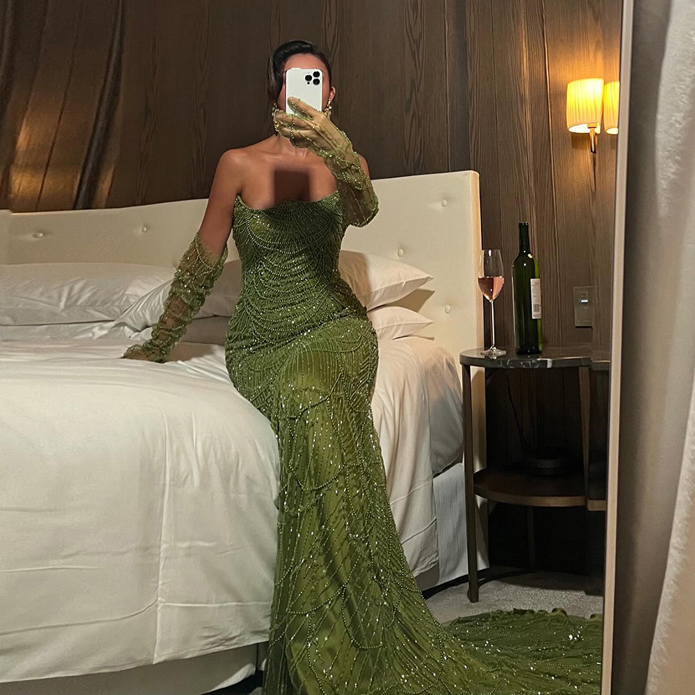 Vestidos de Noite de Sereia de Luxo com Luvas, Bordados e Lantejoulas, Vestido de Baile para Mulheres, Vestidos de Festa